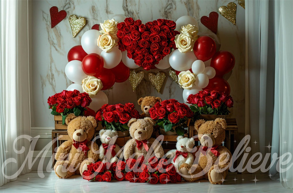 Kate Saint-Valentin Ours en peluche Roses rouges Toile de fond conçue par Mini MakeBelieve - Kate Backdrop FR