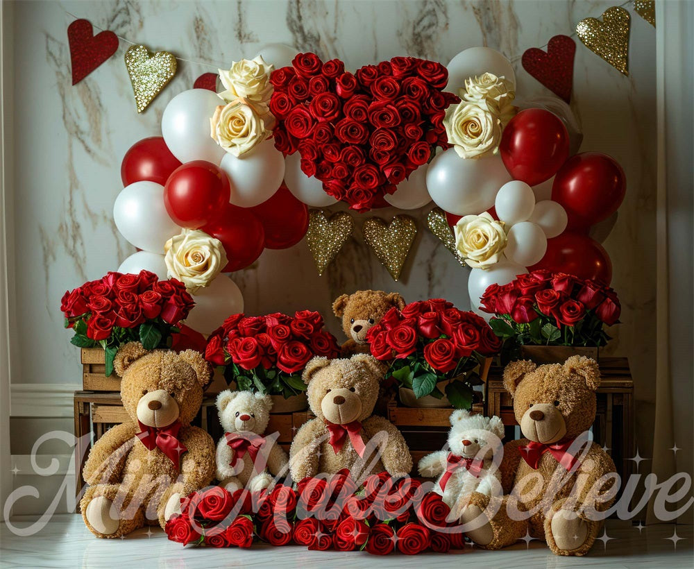 Kate Saint-Valentin Ours en peluche Roses rouges Toile de fond conçue par Mini MakeBelieve - Kate Backdrop FR