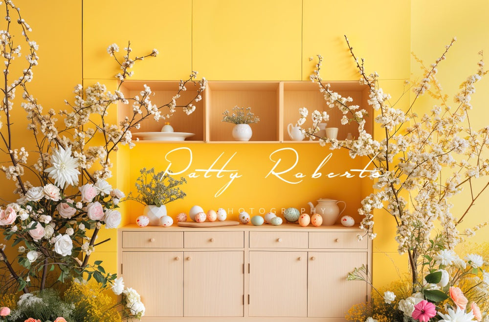 Kate Jaune Pâques Cuisine Fleurs Toile de fond conçue par Patty Robert - Kate Backdrop FR