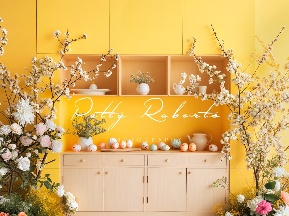 Kate Jaune Pâques Cuisine Fleurs Toile de fond conçue par Patty Robert - Kate Backdrop FR