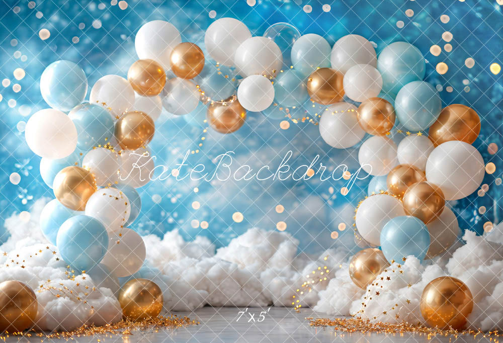 Kate Ballons Blanc Bleu Doré Anniversaire Toile de fond conçue par Emetselch - Kate Backdrop FR