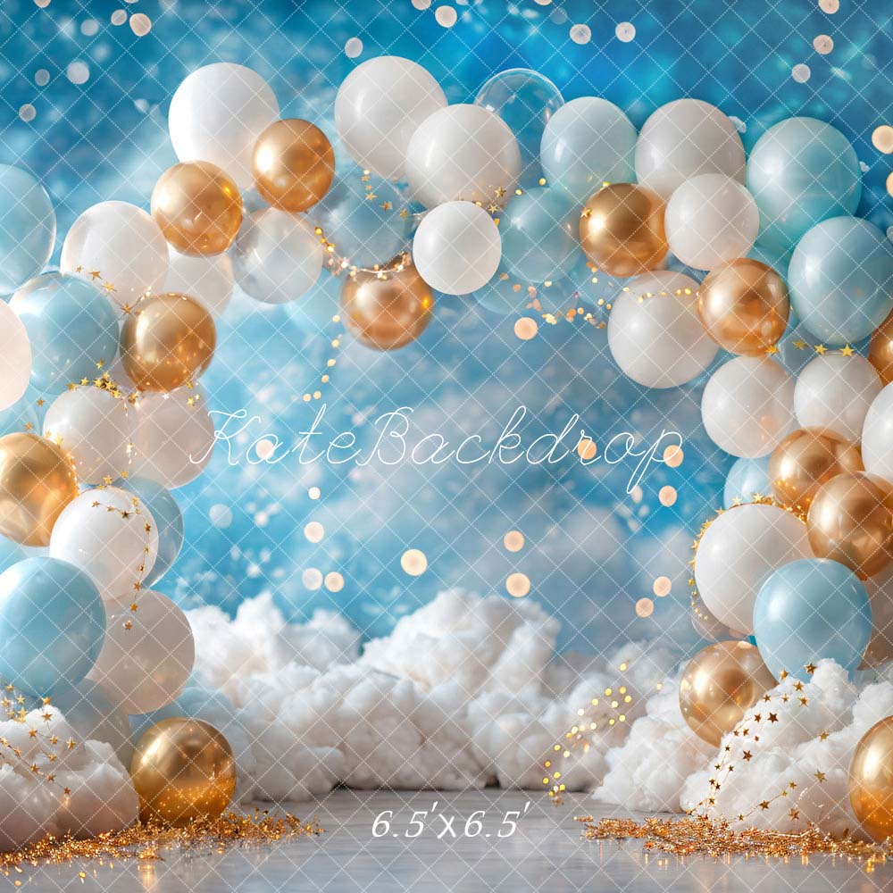 Kate Ballons Blanc Bleu Doré Anniversaire Toile de fond conçue par Emetselch - Kate Backdrop FR