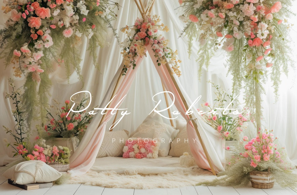 Kate Blanc Printemps Tipi Fleurs Toile de fond conçue par Patty Robert - Kate Backdrop FR