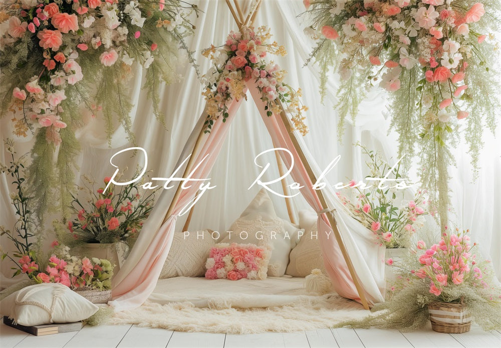 Kate Blanc Printemps Tipi Fleurs Toile de fond conçue par Patty Robert - Kate Backdrop FR