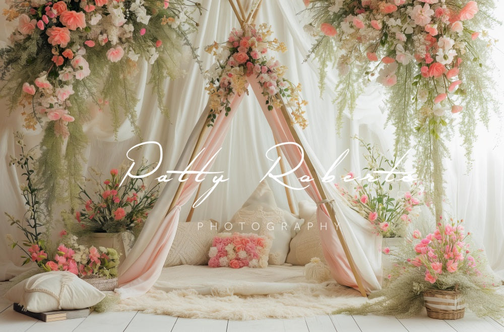 Kate Blanc Printemps Tipi Fleurs Toile de fond conçue par Patty Robert - Kate Backdrop FR