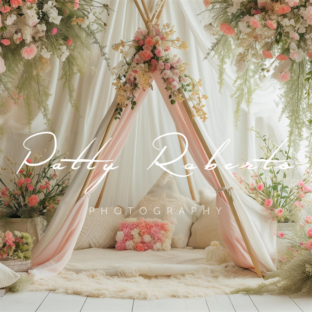 Kate Blanc Printemps Tipi Fleurs Toile de fond conçue par Patty Robert - Kate Backdrop FR