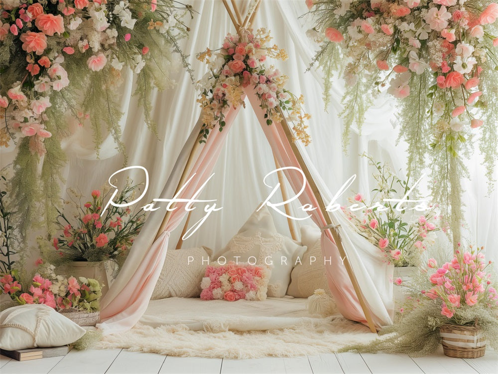 Kate Blanc Printemps Tipi Fleurs Toile de fond conçue par Patty Robert - Kate Backdrop FR