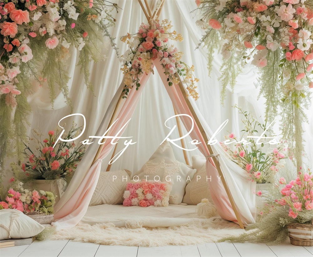 Kate Blanc Printemps Tipi Fleurs Toile de fond conçue par Patty Robert - Kate Backdrop FR