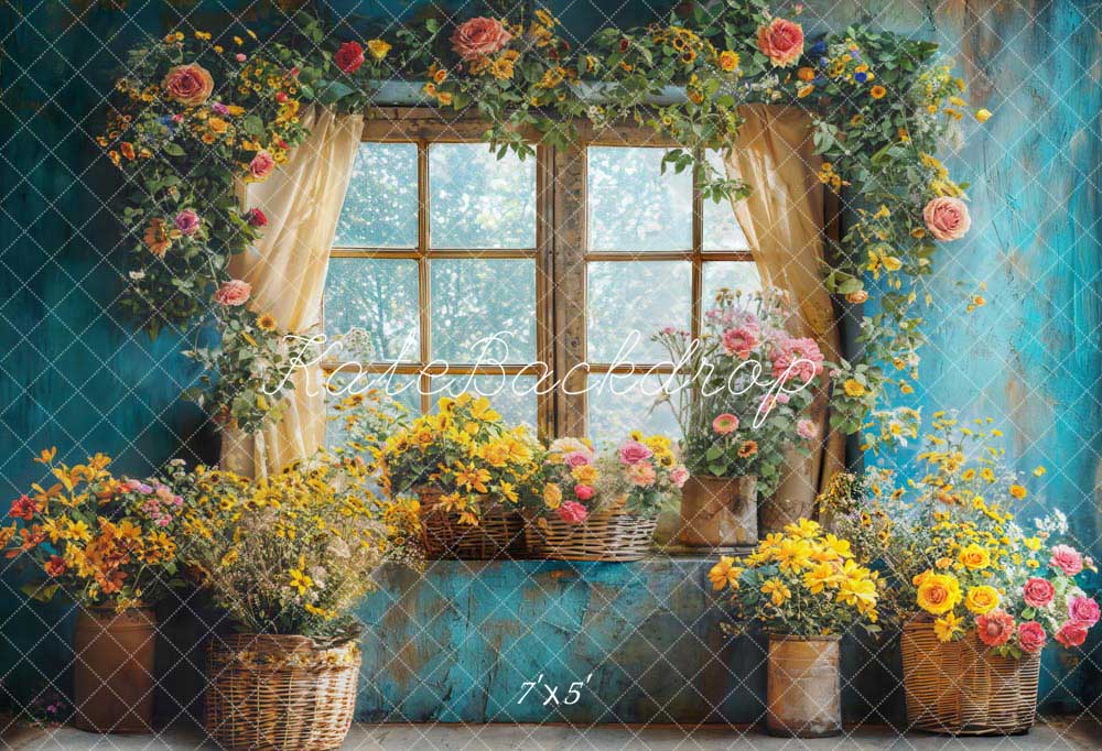 Kate Printemps Fleurs Bleu Chambre Fenêtre Toile de fond conçue par Emetselch - Kate Backdrop FR