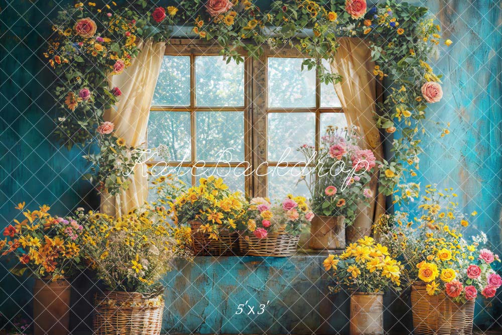 Kate Printemps Fleurs Bleu Chambre Fenêtre Toile de fond conçue par Emetselch - Kate Backdrop FR