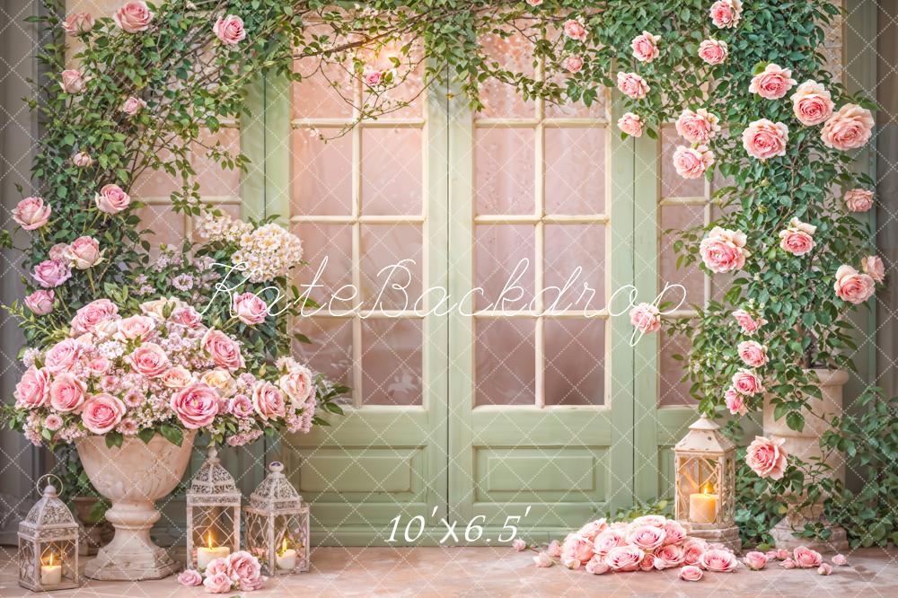 Kate Printemps Fenêtre Porte Vert Fleurs Rose Toile de fond conçue par Emetselch - Kate Backdrop FR