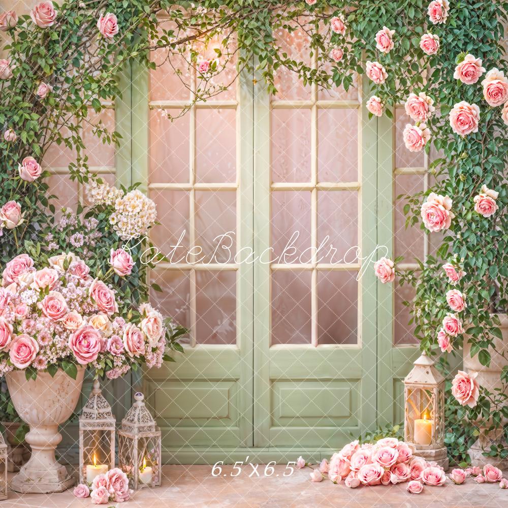 Kate Printemps Fenêtre Porte Vert Fleurs Rose Toile de fond conçue par Emetselch - Kate Backdrop FR