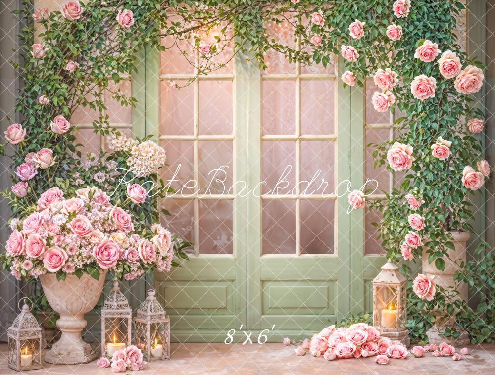 Kate Printemps Fenêtre Porte Vert Fleurs Rose Toile de fond conçue par Emetselch
