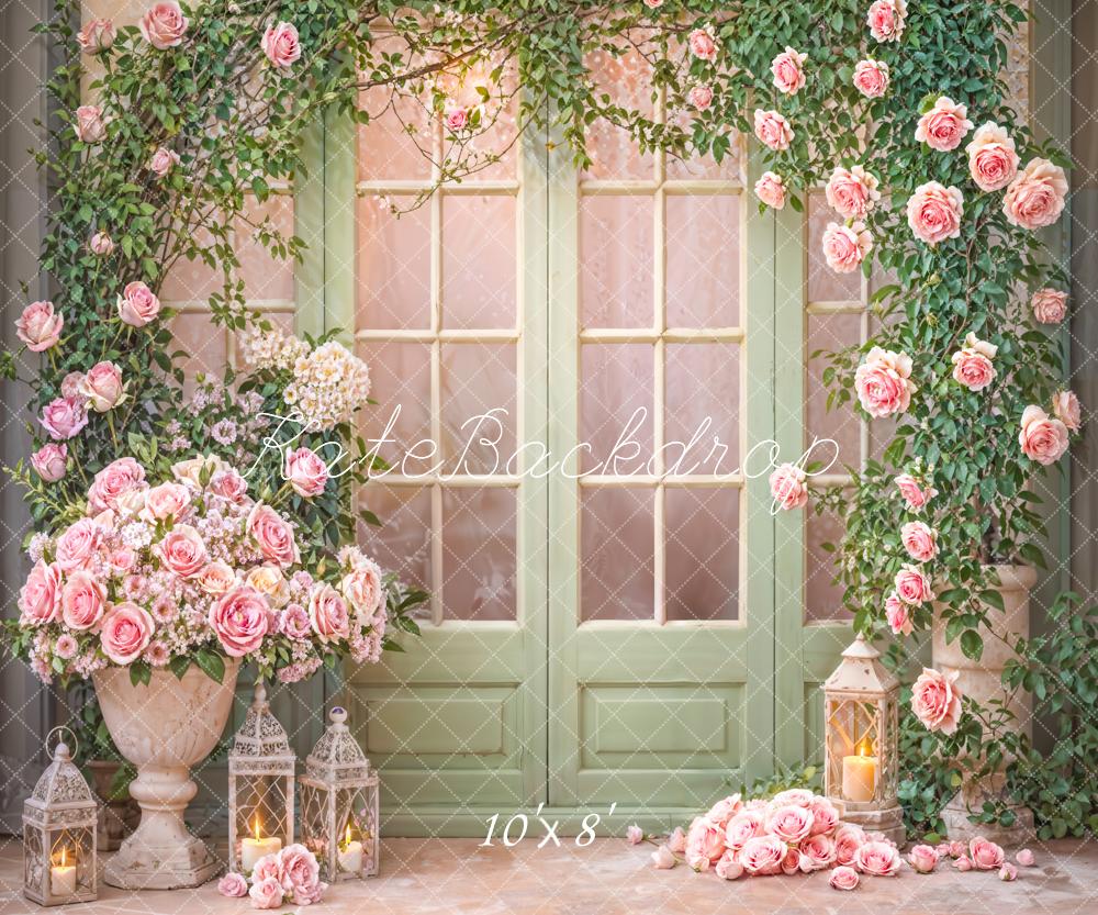 Kate Printemps Fenêtre Porte Vert Fleurs Rose Toile de fond conçue par Emetselch - Kate Backdrop FR