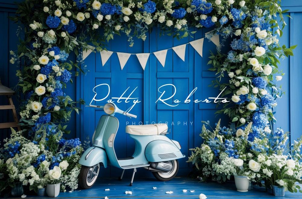 Kate Moto Bleu Fleurs Printemps Toile de fond conçue par Patty Robert - Kate Backdrop FR