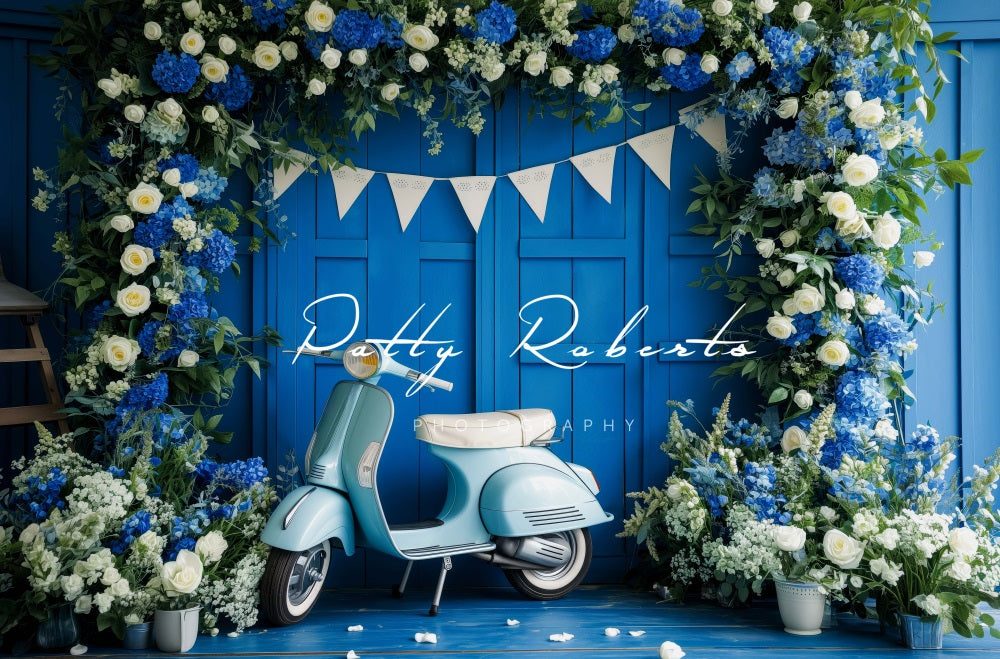 Kate Moto Bleu Fleurs Printemps Toile de fond conçue par Patty Robert - Kate Backdrop FR