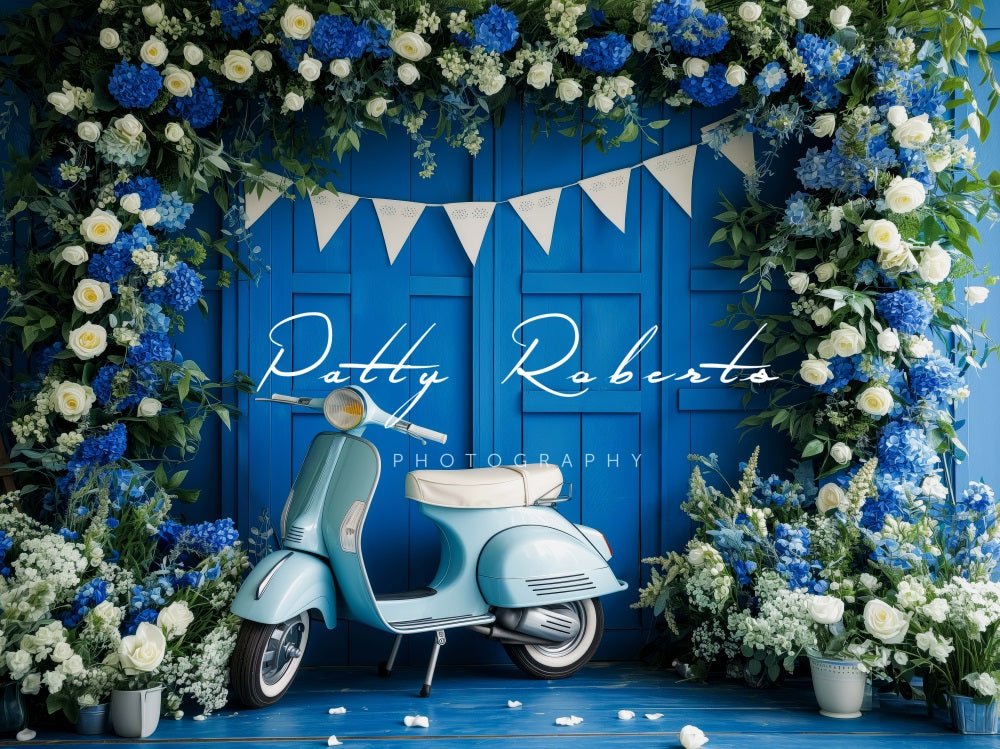 Kate Moto Bleu Fleurs Printemps Toile de fond conçue par Patty Robert - Kate Backdrop FR