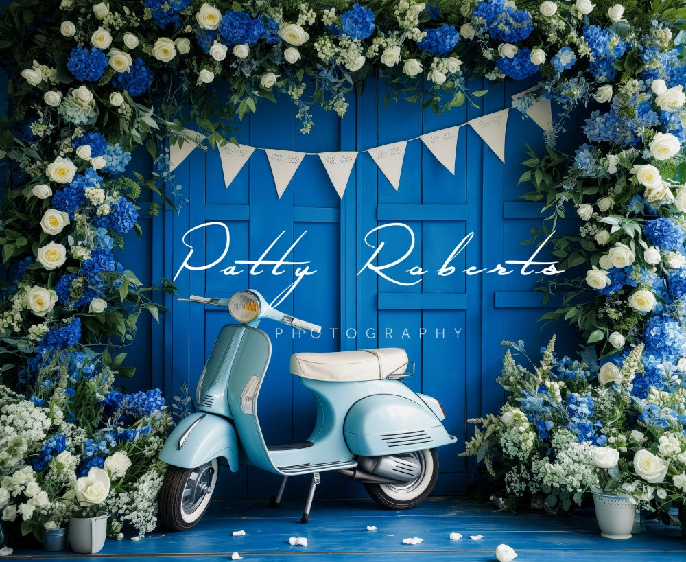 Kate Moto Bleu Fleurs Printemps Toile de fond conçue par Patty Robert - Kate Backdrop FR