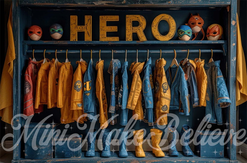 Kate Héros Placard Bleu Jaune Enfant Toile de fond conçue par Mini MakeBelieve - Kate Backdrop FR