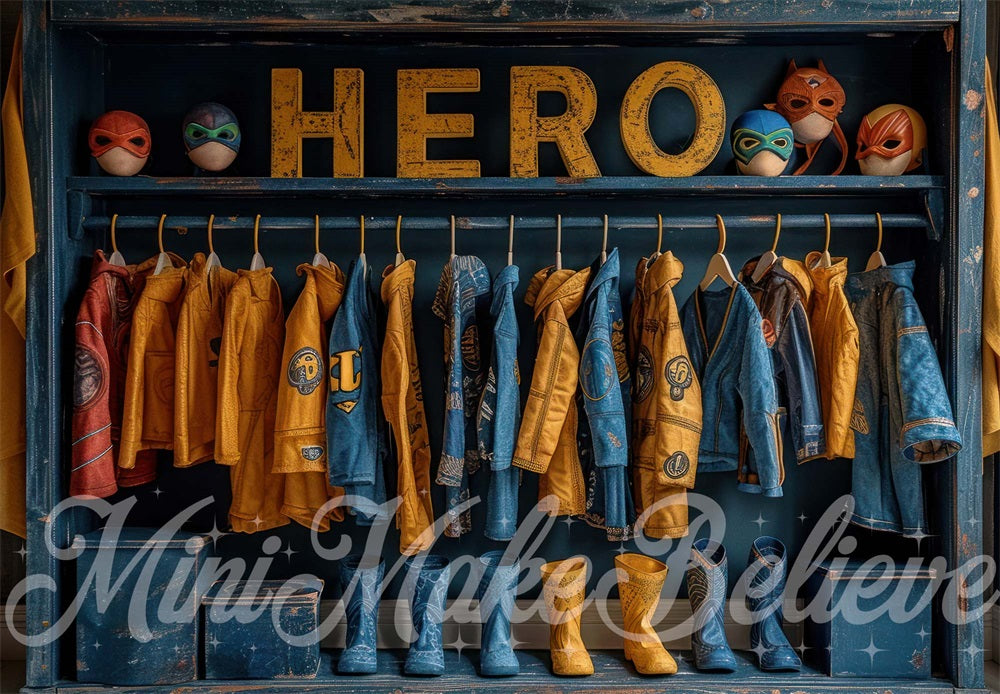 Kate Héros Placard Bleu Jaune Enfant Toile de fond conçue par Mini MakeBelieve - Kate Backdrop FR