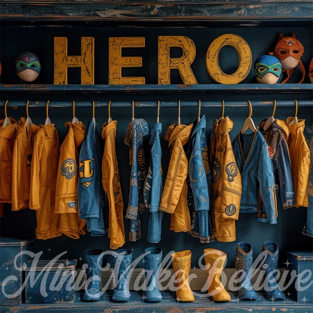 Kate Héros Placard Bleu Jaune Enfant Toile de fond conçue par Mini MakeBelieve - Kate Backdrop FR