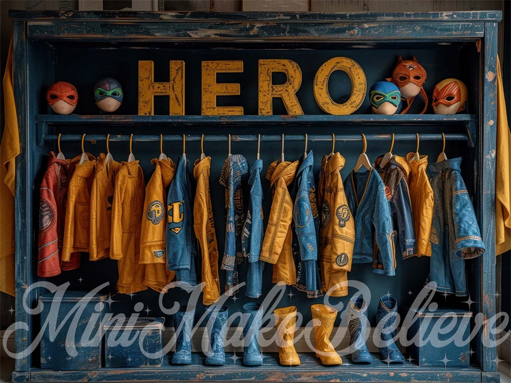 Kate Héros Placard Bleu Jaune Enfant Toile de fond conçue par Mini MakeBelieve - Kate Backdrop FR