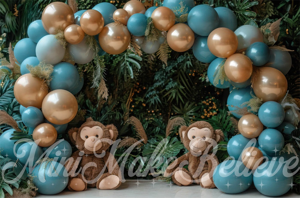 Kate Bleu Singes Forêt Ballons Toile de fond conçue par Mini MakeBelieve - Kate Backdrop FR