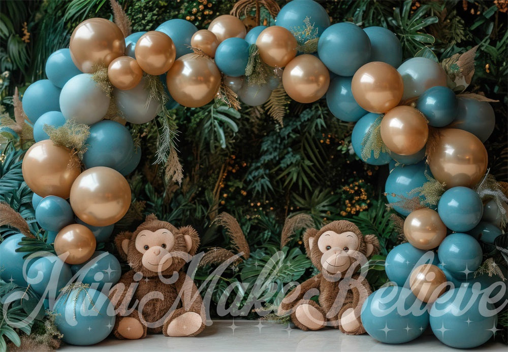 Kate Bleu Singes Forêt Ballons Toile de fond conçue par Mini MakeBelieve - Kate Backdrop FR