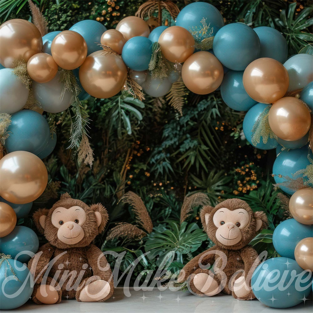 Kate Bleu Singes Forêt Ballons Toile de fond conçue par Mini MakeBelieve - Kate Backdrop FR