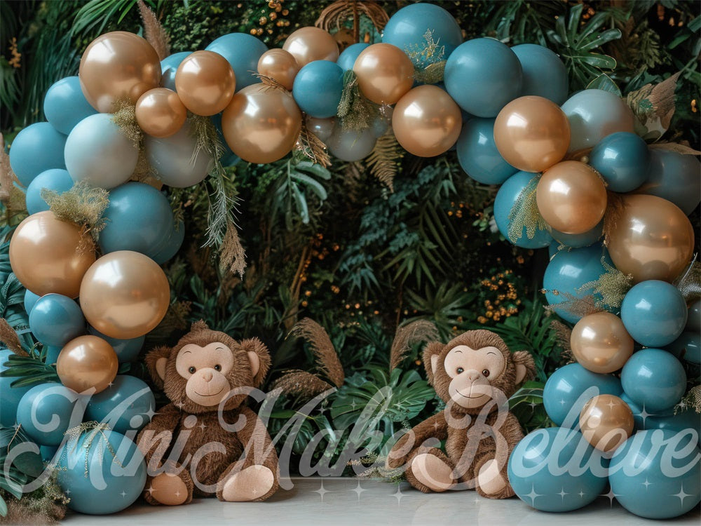 Kate Bleu Singes Forêt Ballons Toile de fond conçue par Mini MakeBelieve - Kate Backdrop FR