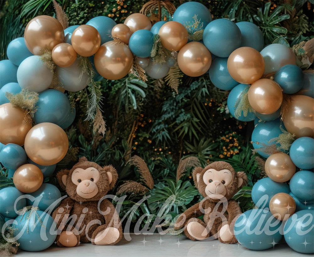 Kate Bleu Singes Forêt Ballons Toile de fond conçue par Mini MakeBelieve - Kate Backdrop FR