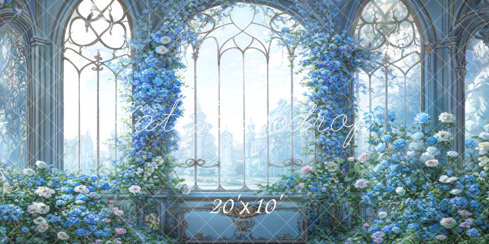 Kate Bleu Fantaisie Fleurs Fenêtre en arc Toile de fond conçue par GQ - Kate Backdrop FR