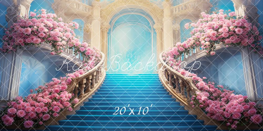 Kate Palais Escaliers bleus Fleurs Toile de fond conçue par Chain Photographie - Kate Backdrop FR