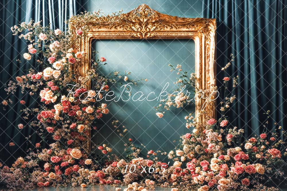 Kate Cadre doré Floral Vintage Vert foncé Rideau Toile de fond conçue par Emetselch - Kate Backdrop FR