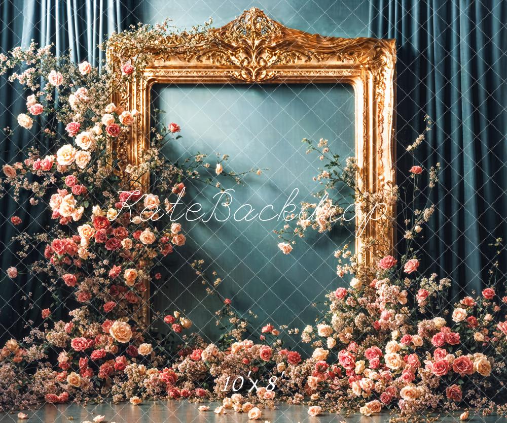 Kate Cadre doré Floral Vintage Vert foncé Rideau Toile de fond conçue par Emetselch - Kate Backdrop FR