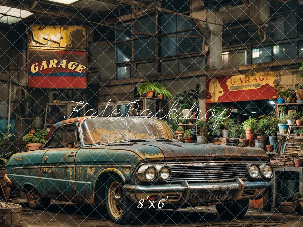 Kate Rétro Garage Voiture Vert foncé Plantes Toile de fond conçue par Emetselch - Kate Backdrop FR