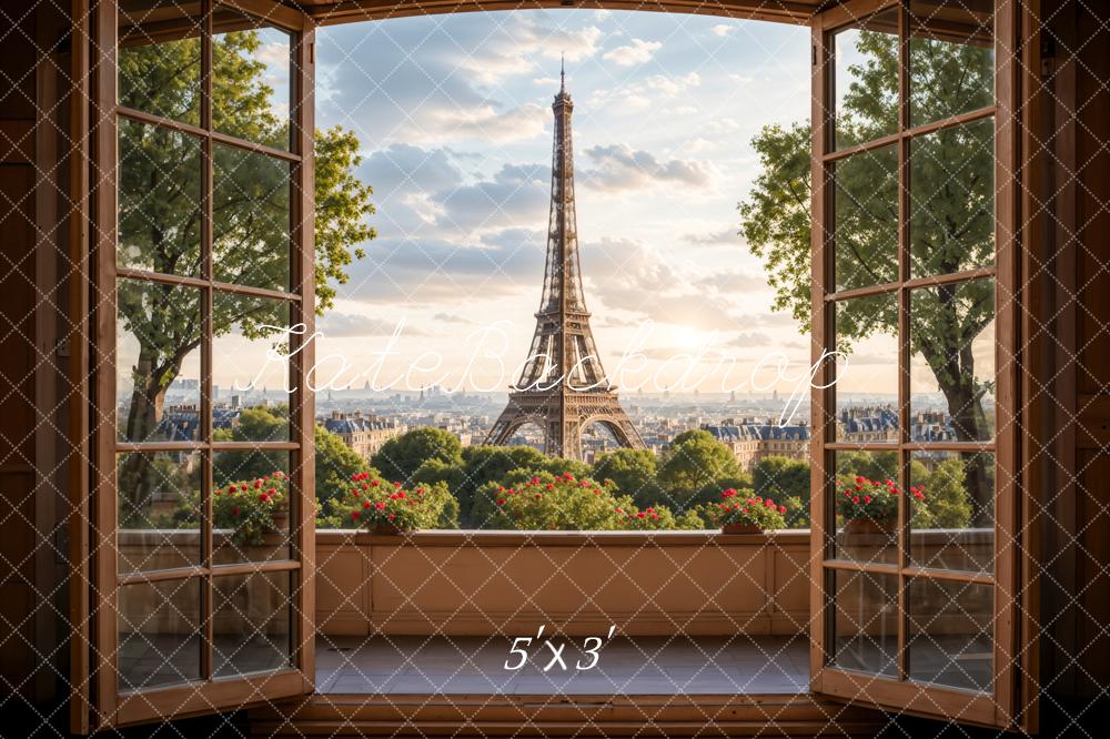 Kate Fenêtre en bois Balcon Tour de Paris Ville Toile de fond conçue par Emetselch - Kate Backdrop FR