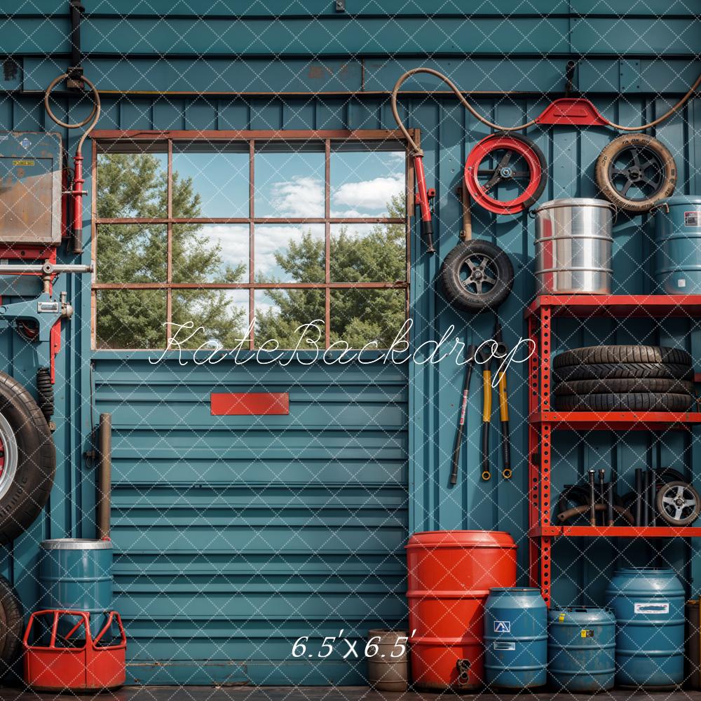 Kate Bleu d'encre Garage Pneu Mur Fenêtre Toile de fond conçue par Emetselch - Kate Backdrop FR