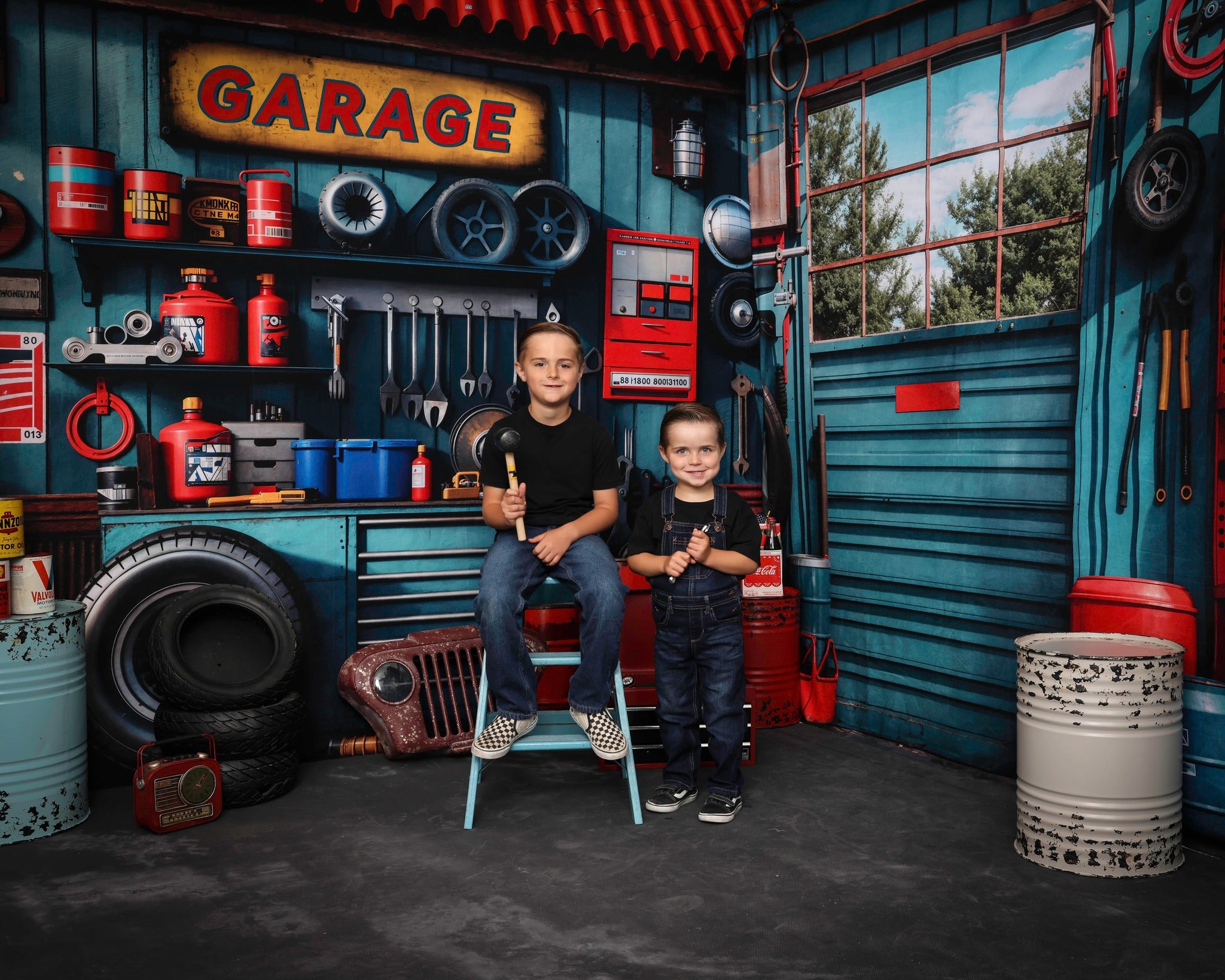 Kate Bleu d'encre Garage Métal Pneu Fenêtre Ensemble de chambre (8pix8pi&10pix8pi&8pix10pi) - Kate Backdrop FR