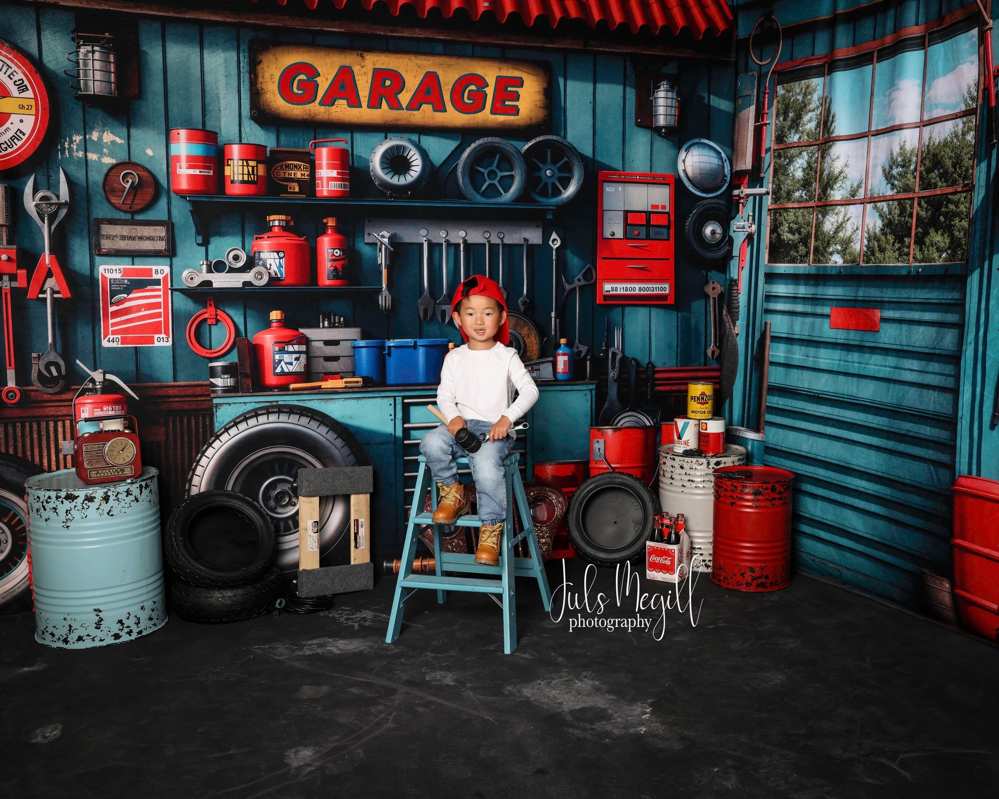 Kate Bleu d'encre Garage Métal Pneu Fenêtre Ensemble de chambre (8pix8pi&10pix8pi&8pix10pi) - Kate Backdrop FR