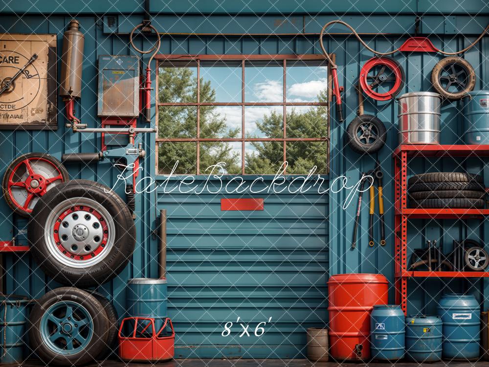 Kate Bleu d'encre Garage Pneu Mur Fenêtre Toile de fond conçue par Emetselch - Kate Backdrop FR