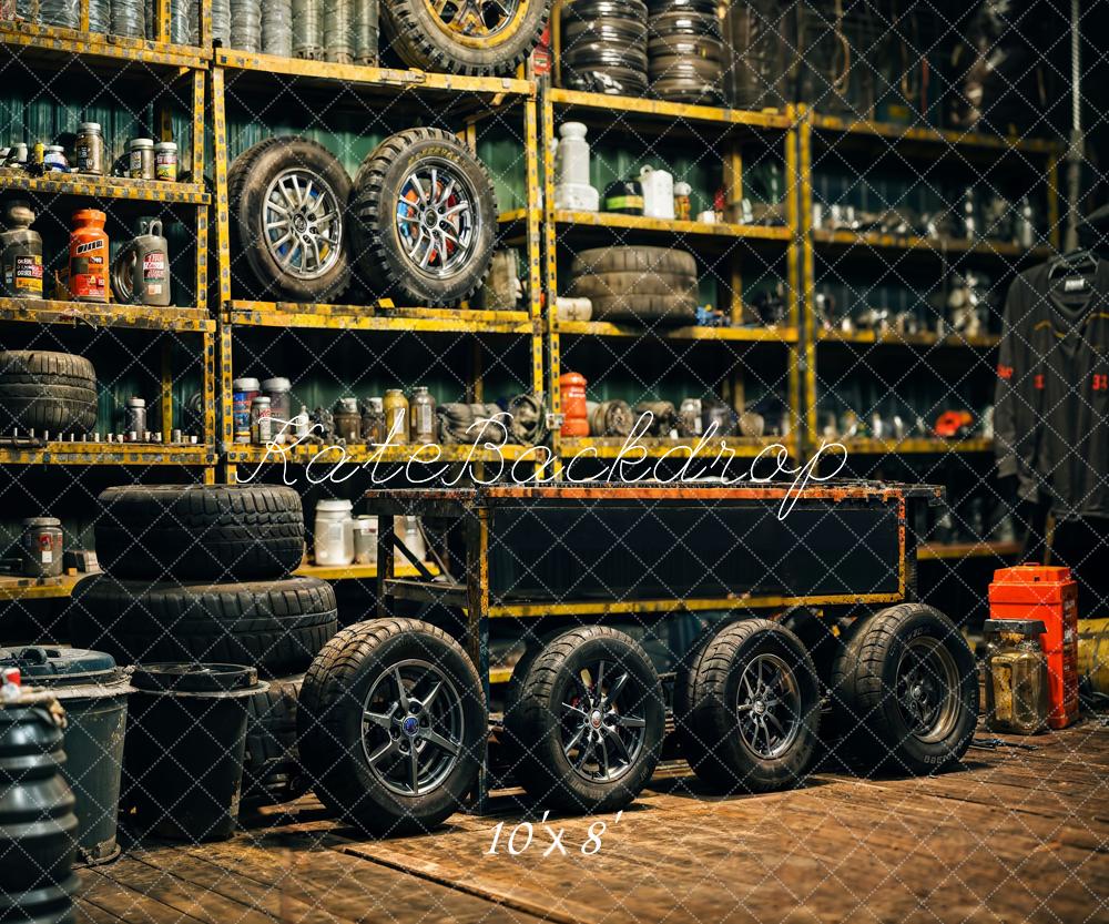 Kate Rétro Noir Doré Pneu Garage Toile de fond conçue par Emetselch - Kate Backdrop FR