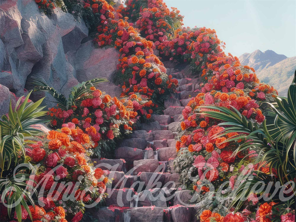 Kate Tropical Escaliers en pierre Fleurs Rouge Toile de fond conçue par Mini MakeBelieve - Kate Backdrop FR