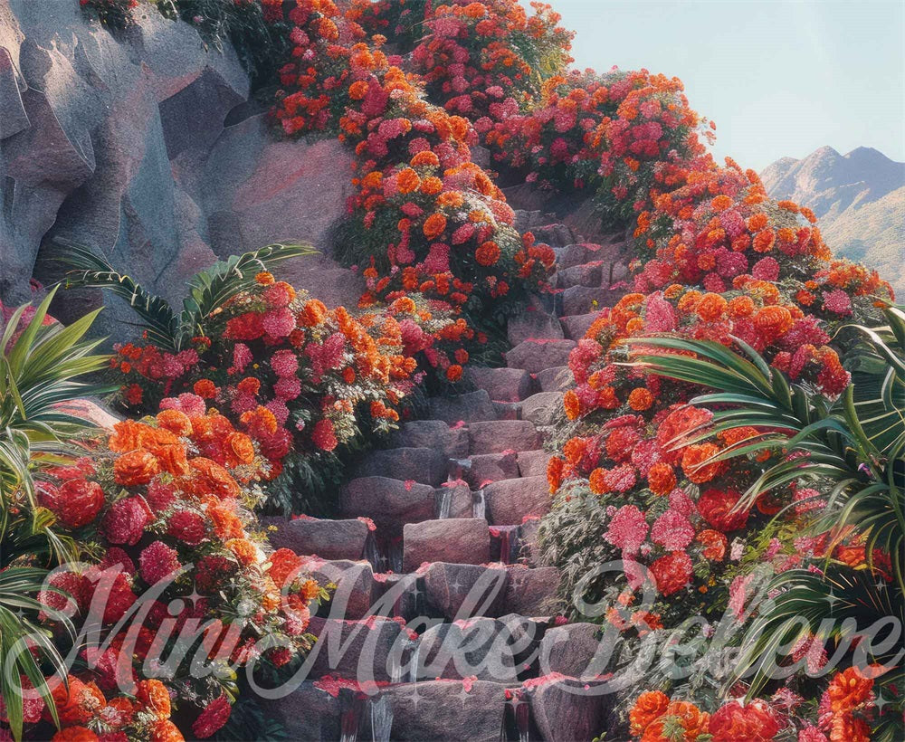 Kate Tropical Escaliers en pierre Fleurs Rouge Toile de fond conçue par Mini MakeBelieve - Kate Backdrop FR