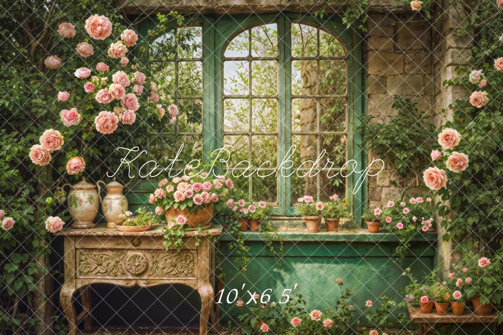 Kate Printemps Fenêtre Fleurs Intérieur Vert Toile de fond conçue par Emetselch - Kate Backdrop FR