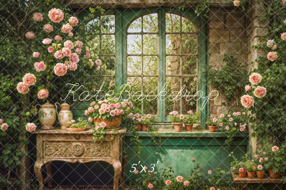 Kate Printemps Fenêtre Fleurs Intérieur Vert Toile de fond conçue par Emetselch - Kate Backdrop FR