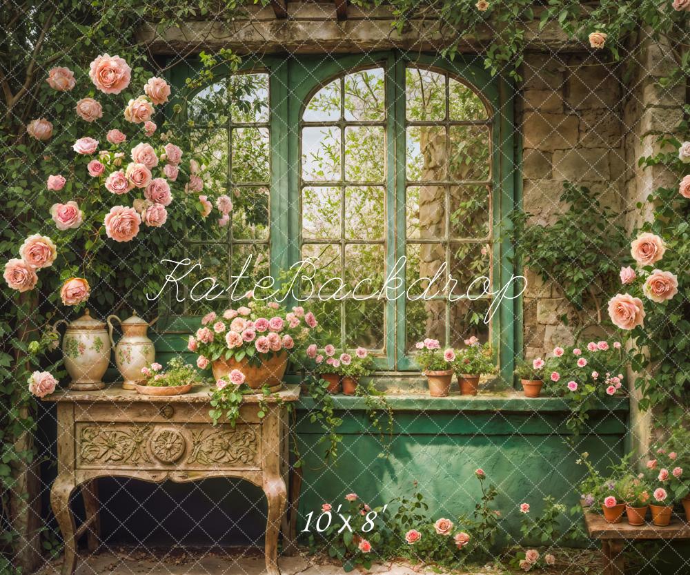 Kate Printemps Fenêtre Fleurs Intérieur Vert Toile de fond conçue par Emetselch - Kate Backdrop FR