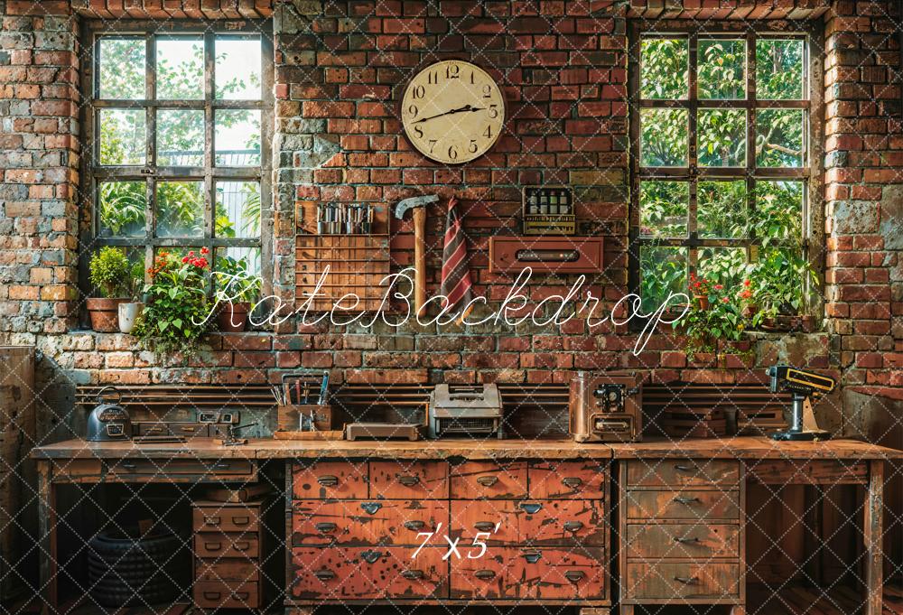 Kate Fête des pères Mur de briques Horloge Fenêtre Toile de fond conçue par Emetselch - Kate Backdrop FR