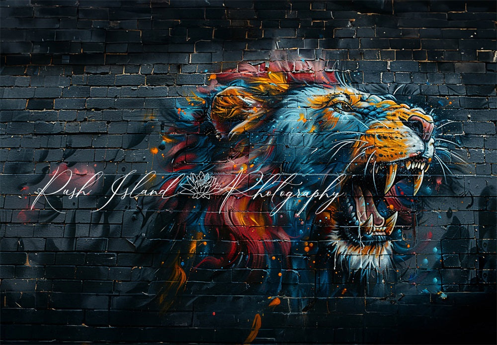 Kate Lion Féroce Graffitis Mur de briques Toile de fond conçue par Laura Bybee - Kate Backdrop FR