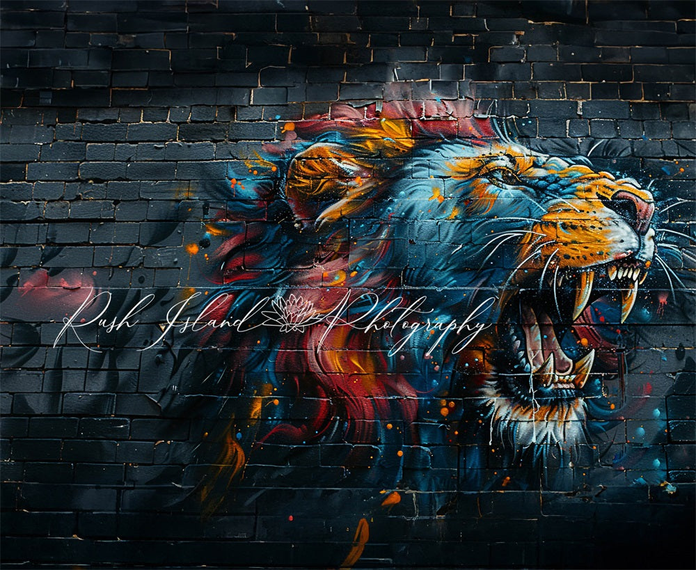 Kate Lion Féroce Graffitis Mur de briques Toile de fond conçue par Laura Bybee - Kate Backdrop FR